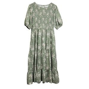 Polagram Cottagecore Tiered Green Floral Smocked Maxi Dress Puff Sleeve Boho M